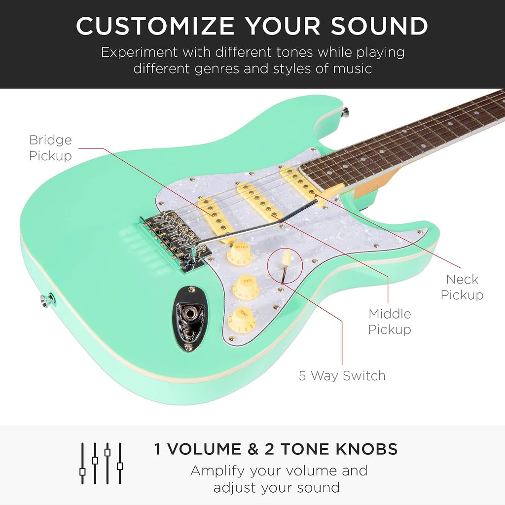 Best Choice Products 39in Full Size Beginner Electric Guitar Starter Kit w/Case, Strap, 10W Amp, Strings, Pick, Tremolo Bar - SoCal Green