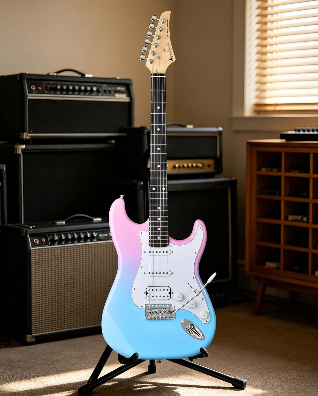 Leo Jaymz Beginner Electric Guitar 39' Kit with Portable Amplifier, Padded Gig Bag, Digital Tuner，Capo，Strap，Picks， HSS Pickups(Pink-Blue Fade-HSS)