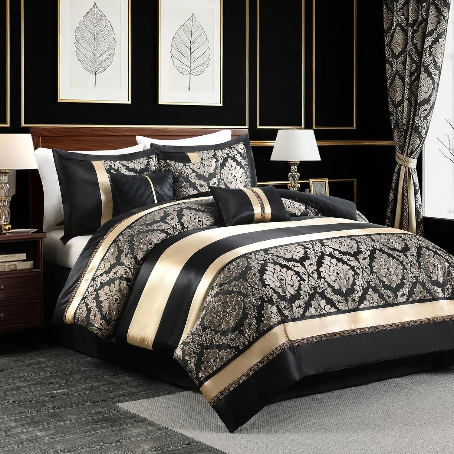 PANGUSHAN 7 Pieces Comforter Set Queen Size, Luxury Silky Elegant Jacquard Fluffy Reversible Bedding Set with Bed Skirt, Shams and Pillows, Bed in a Bag Queen, Down Alternative, Black/Gold