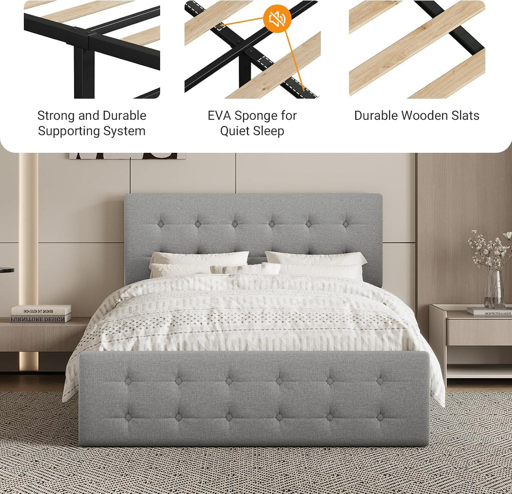 Full Size Platform Bed Frame with 4 Storage Drawers & Headboard, Faux Leather Upholstered, Button Tufted Design, Wooden Slats Support, Noise-Free Mattress Foundation, No Box Spring Needed, Light Grey