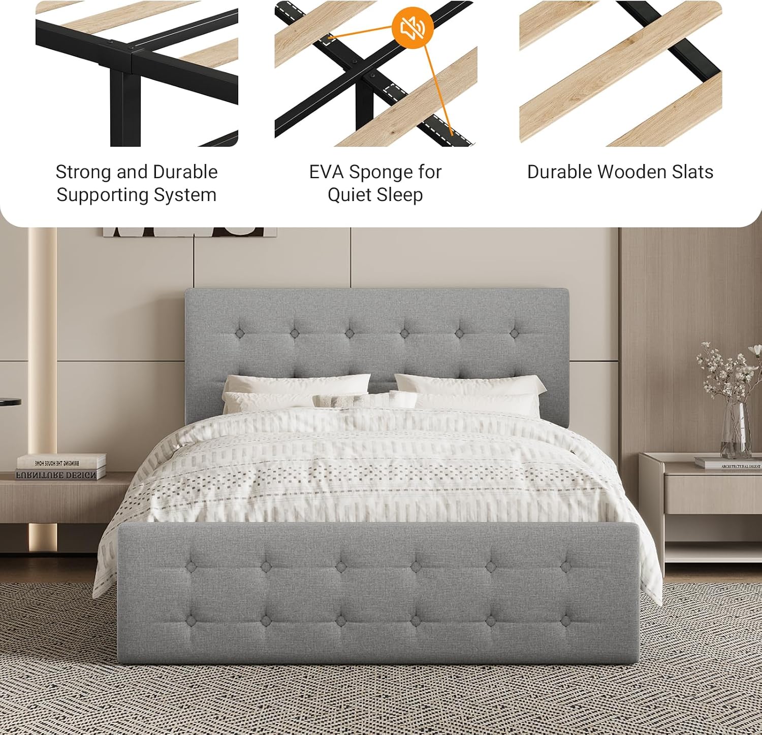 Full Size Platform Bed Frame with 4 Storage Drawers & Headboard, Faux Leather Upholstered, Button Tufted Design, Wooden Slats Support, Noise-Free Mattress Foundation, No Box Spring Needed, Light Grey