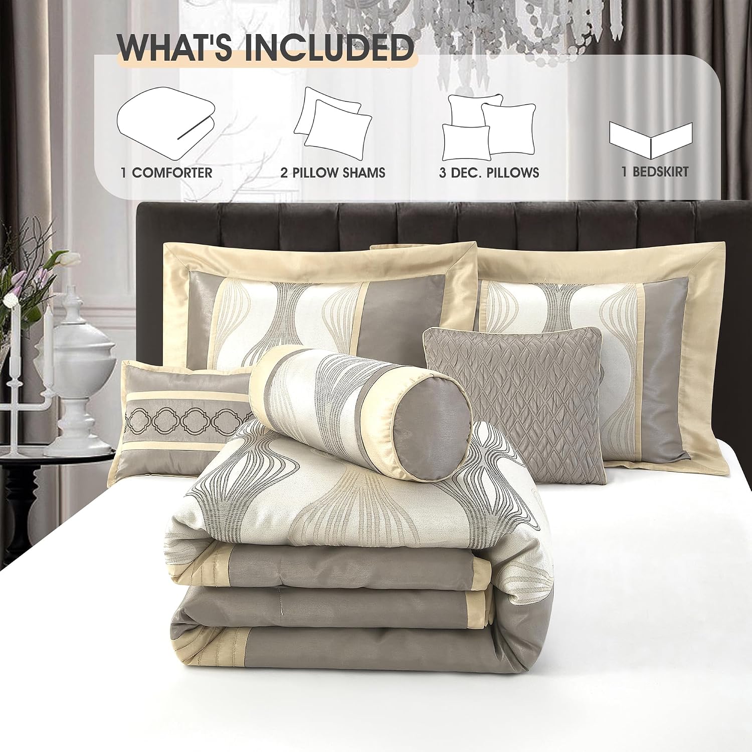 LANCO MODERN LIFESTYLE California King Comforter Set, Grey Gold, 7 Pieces in a Bag, Soft Jacquard with Solid Piecework, Luxury Bed Set with Comforters, Bed Skirt, Pillow Shams and Decorative Pillows