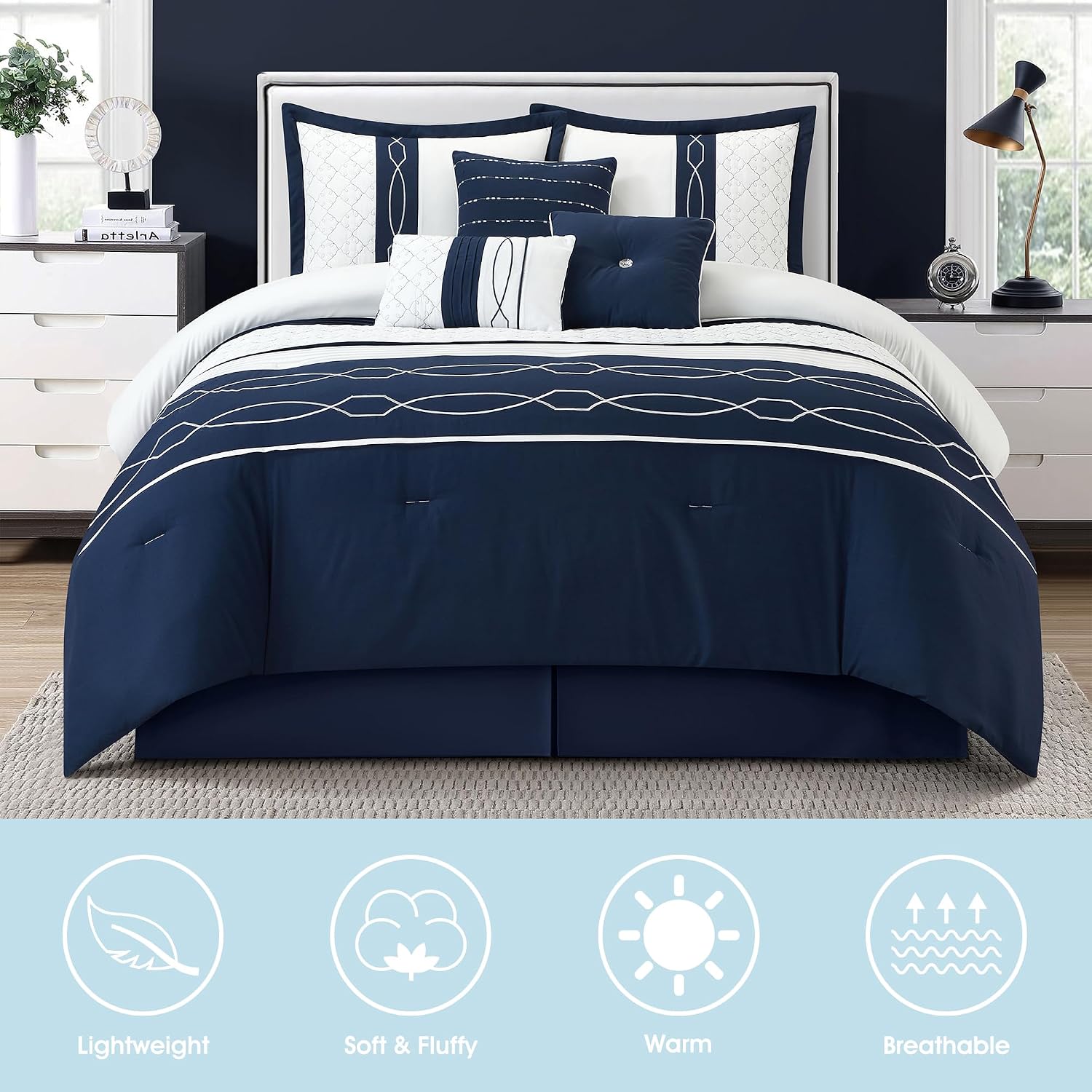 LANCO MODERN LIFESTYLE 7 Piece Comforter Set, California King, White Navy Geometric Design, 100% Polyester, Luxury All Seasons Bed Set Includes Comforter, Bed Skirt, Pillow Shams and Decor Pillows