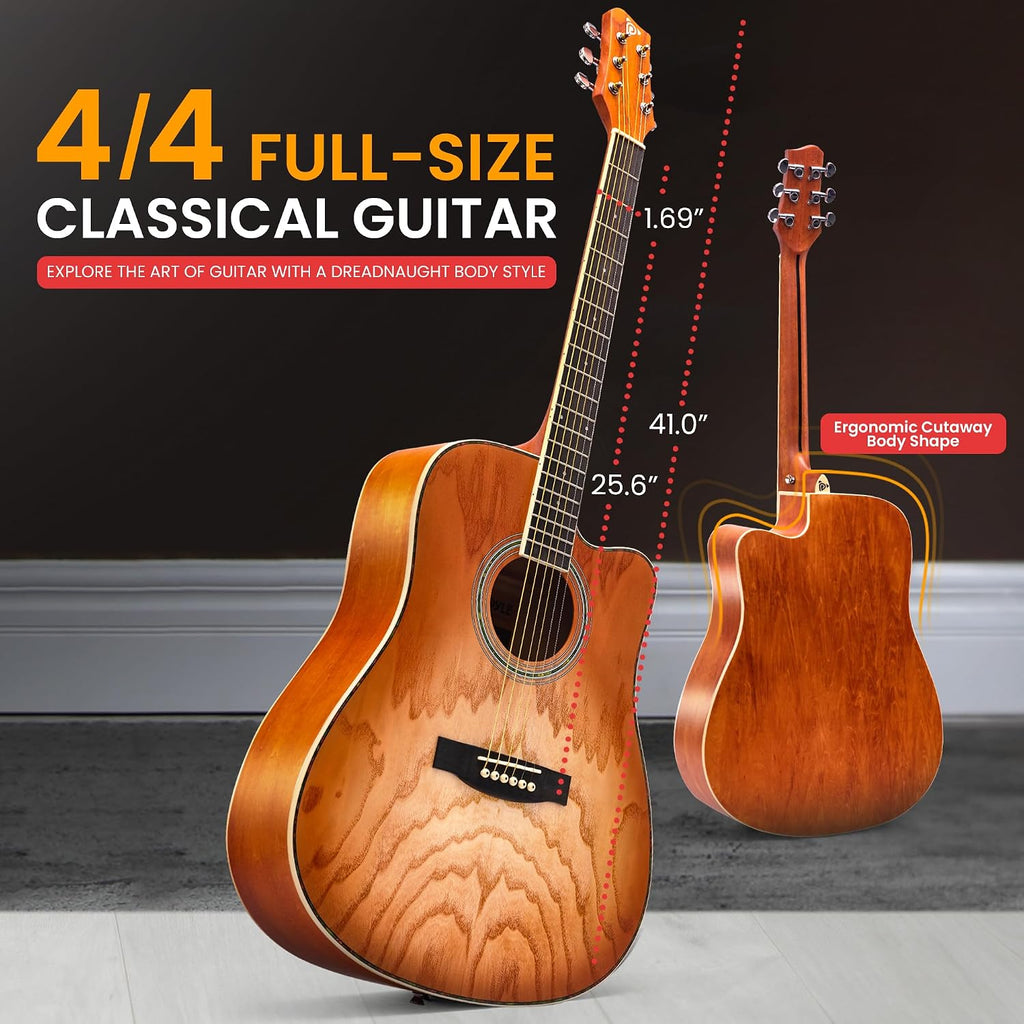 Pyle Steel String Acoustic Guitar Kit, 41' Full Size Cutaway with Ashtree Top, Open Pore Finish, Premium Accessory Set with Armored Gig Bag, Cherry Burst Matte