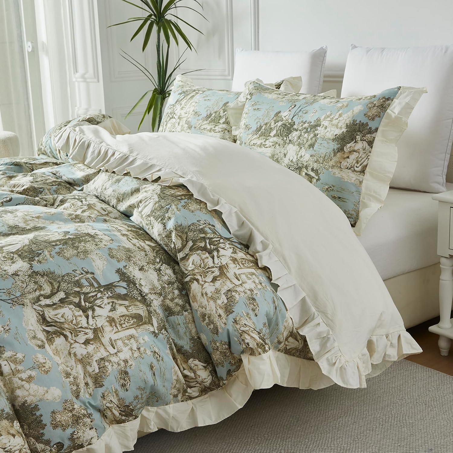 Brandream French Country Cottagecore Toile Floral Duvet Quilt Cover King Size 100% Cotton Bedding Set Toile Tapestry Pattern Blossom Tree Branches Delicate Ruffle Fringe Design