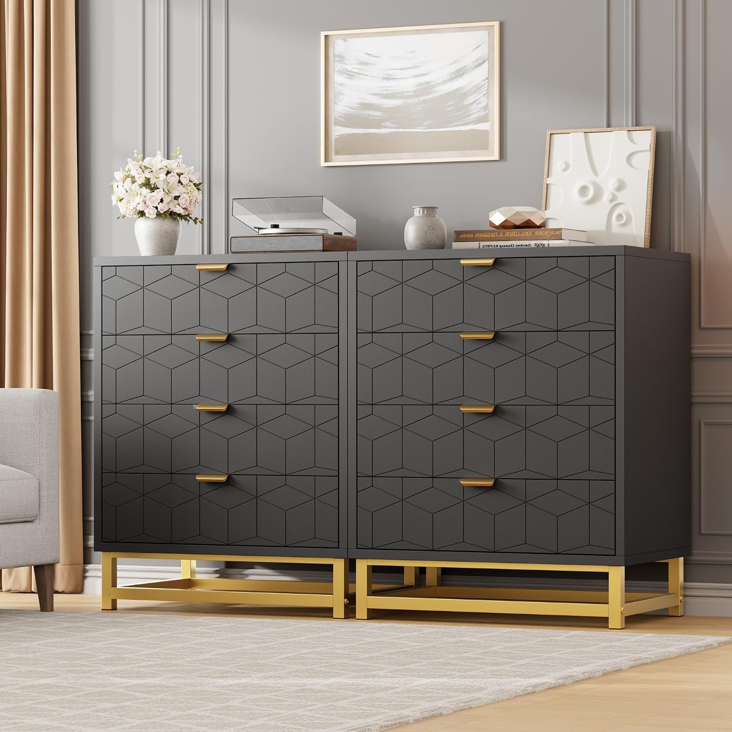 IDEALHOUSE Black Dresser for Bedroom, 4 Drawer Dresser with Metal Legs, Modern Dressers Chest Organizer with Wide Storage, Chest of Drawers for Bedroom, Living Room, Entryway