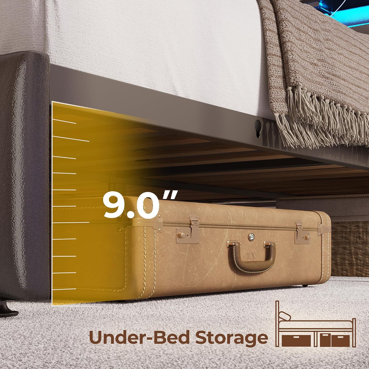 Rolanstar Full Size Bed Frame with LED Lights and Charging Station, Upholstered Headboard with 2-Tier Storage Shelves, Heavy Duty Metal Frame, Noise-Free Support, Easy Assembly, No Box Spring Needed