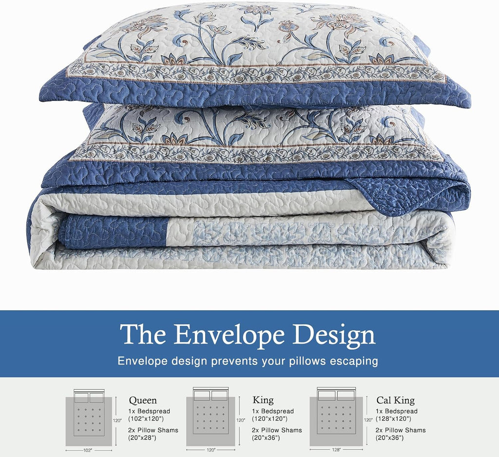 100% Cotton Oversized King Bedspread 128'x120' - Lightweight Vintage California Quilt with 2 Shams, Reversible Floral Striped Extra Wide Quilted Bedding Coverlet Set, Dark Blue/Brown/Cream