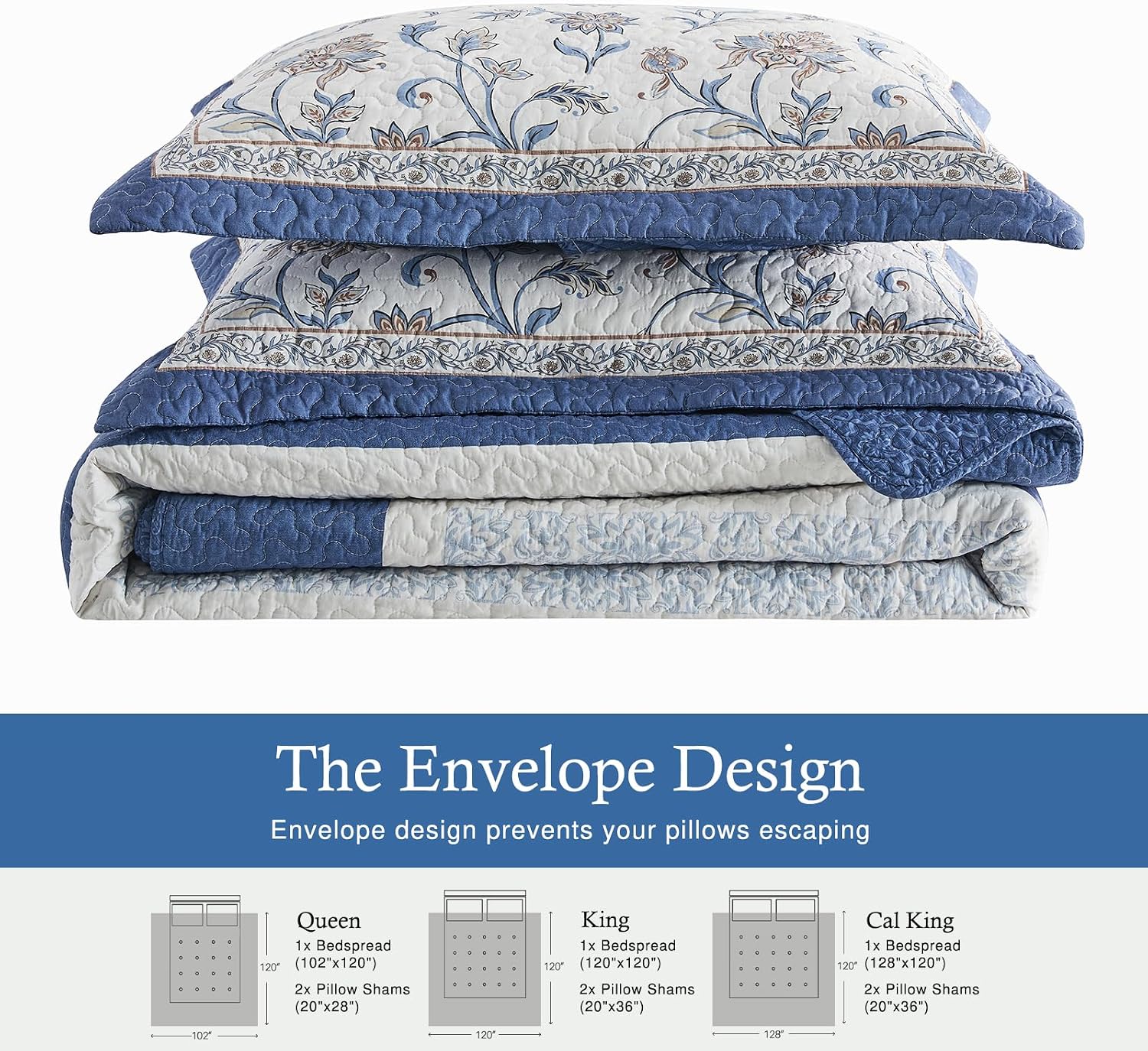 100% Cotton Oversized King Bedspread 128'x120' - Lightweight Vintage California Quilt with 2 Shams, Reversible Floral Striped Extra Wide Quilted Bedding Coverlet Set, Dark Blue/Brown/Cream