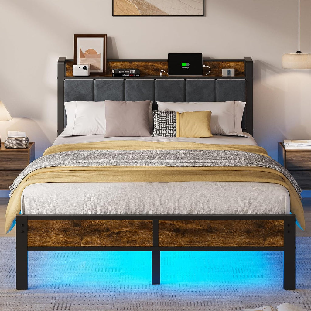 ALBERTO Full Size LED Bed Frame with Built-in Charging Station, Metal Platform with Slats, Soft Grey Upholstered Headboard, No Box Spring Required