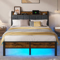 ALBERTO Full Size LED Bed Frame with Built-in Charging Station, Metal Platform with Slats, Soft Grey Upholstered Headboard, No Box Spring Required