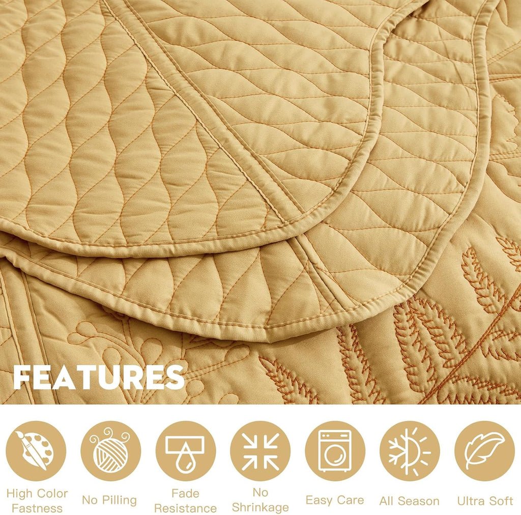 DaisyHuang Botanical Oversized Bedspread King Size - Leaves Pattern Stitching Quilt Set - Elegant & Fresh Style Bedding Coverlets, Reversible, Lightweight, 5 Piece, Honey Gold