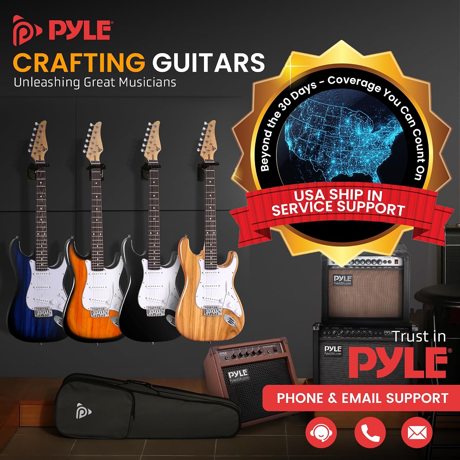 Pyle Electric Guitar and Amp Kit - Full Size 39' Complete Starter Kit with Wearable Bluetooth Amplifier, 1/4' Cable, Carry Case, Strap, Strings, Picks, Cleaning Cloth, ST-Style Pickups (Natural)