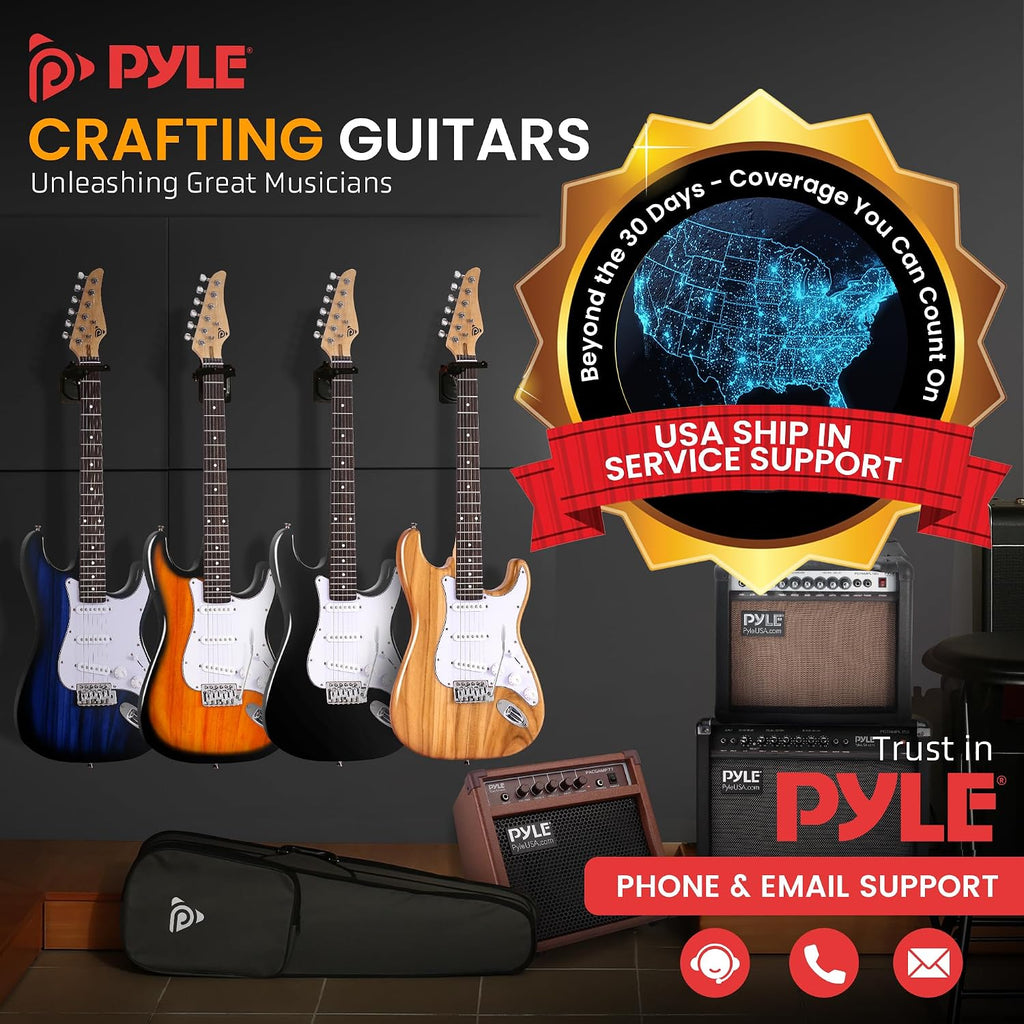 Pyle Electric Guitar and Amp Kit - Full Size 39' Complete Starter Kit with Wearable Bluetooth Amplifier, 1/4' Cable, Carry Case, Strap, Strings, Picks, Cleaning Cloth, ST-Style Pickups (Blue Burst)