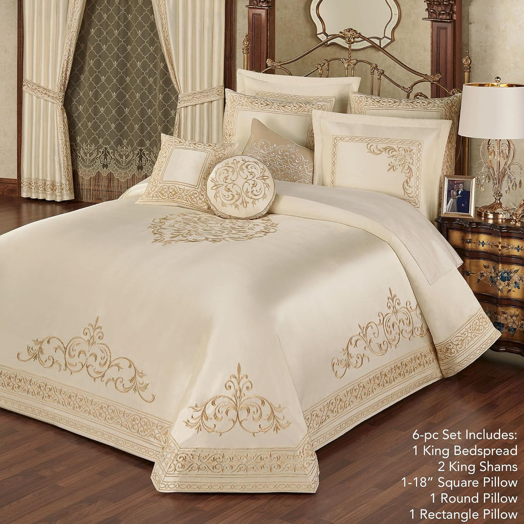Touch of Class Versailles Luxury Bedding | Classic Pearl | Palace-Inspired French Style Golden Scrollwork Embroidery on Sateen 6 Piece Set: King Bedspread, 2 King Shams, and 3 Decorative Pillows