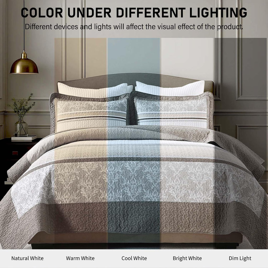 KALOOLA 100% Cotton Quilts Queen Size - Lightweight Quilted Bedding Set 3 Pcs, Farmhouse Printed Striped Bedspread with 2 Pillow Shams, Modern Bed Coverlet for All Season, Dark Brown/Charcoal/Beige