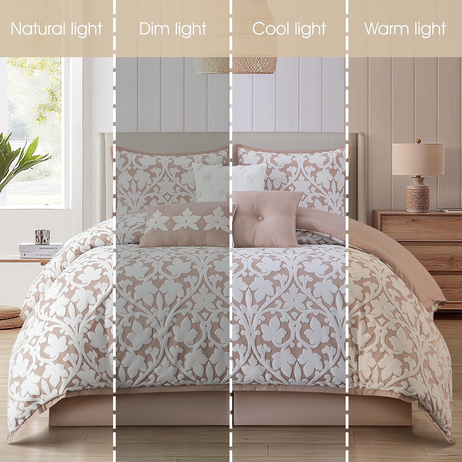Grand Avenue 7 Piece Blush Comforter Set, King Size Jacquard Bedding Set, All Season Floral Leaves Bedding, Matching Pillows, Shams, Bed Skirt