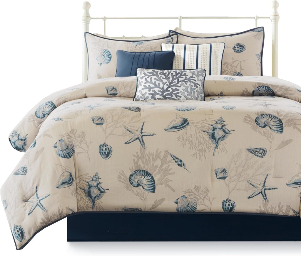 Madison Park 100% Cotton Comforter Set - Coastal Coral, Starfish Design All Season Down Alternative Cozy Bedding with Matching Shams, Decorative Pillow, Cal King(104'x92'), Taupe 7 Piece