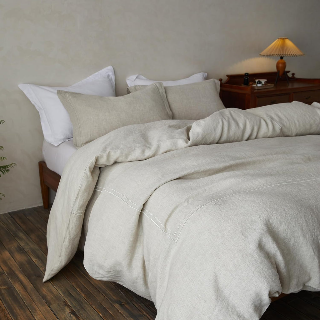Simple&Opulence 100% Washed Linen Duvet Cover Set 104'x92' - 3 Pieces Soft Farmhouse Comforter Set Double Embroidered with Button Closure - 1 Duvet Cover and 2 Pillowshams (Linen, King)
