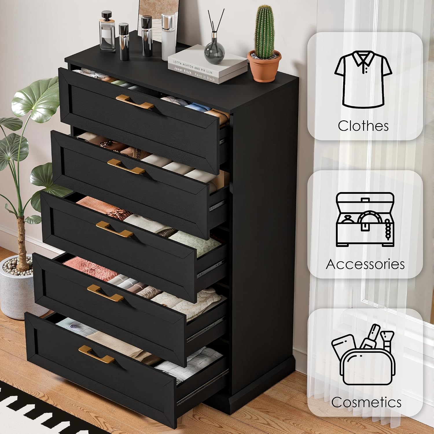 Zamildon's 5 Drawer Dresser, 47' Tall Dressers for Bedroom with Anti-Tip Device, Black Dresser Modern Storage Closet with Handle for Hallway,Entryway