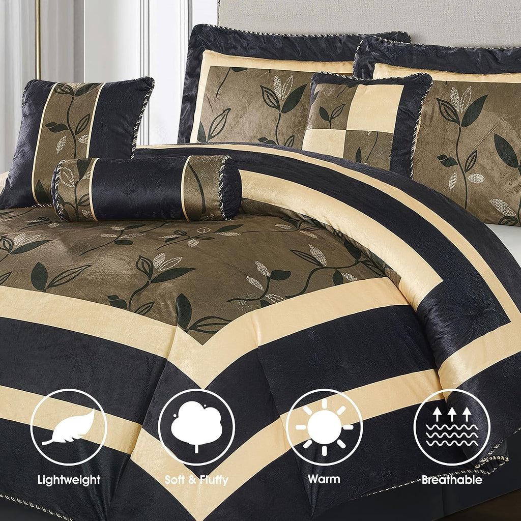 LANCO MODERN LIFESTYLE Black and Gold Comforter Set, Full, Short Plush Print with Leaves Pattern, Ultra Soft, 7 Piece Bedding Set, Bed in a Bag, Bedskirt, Shams and Decorative Pillows