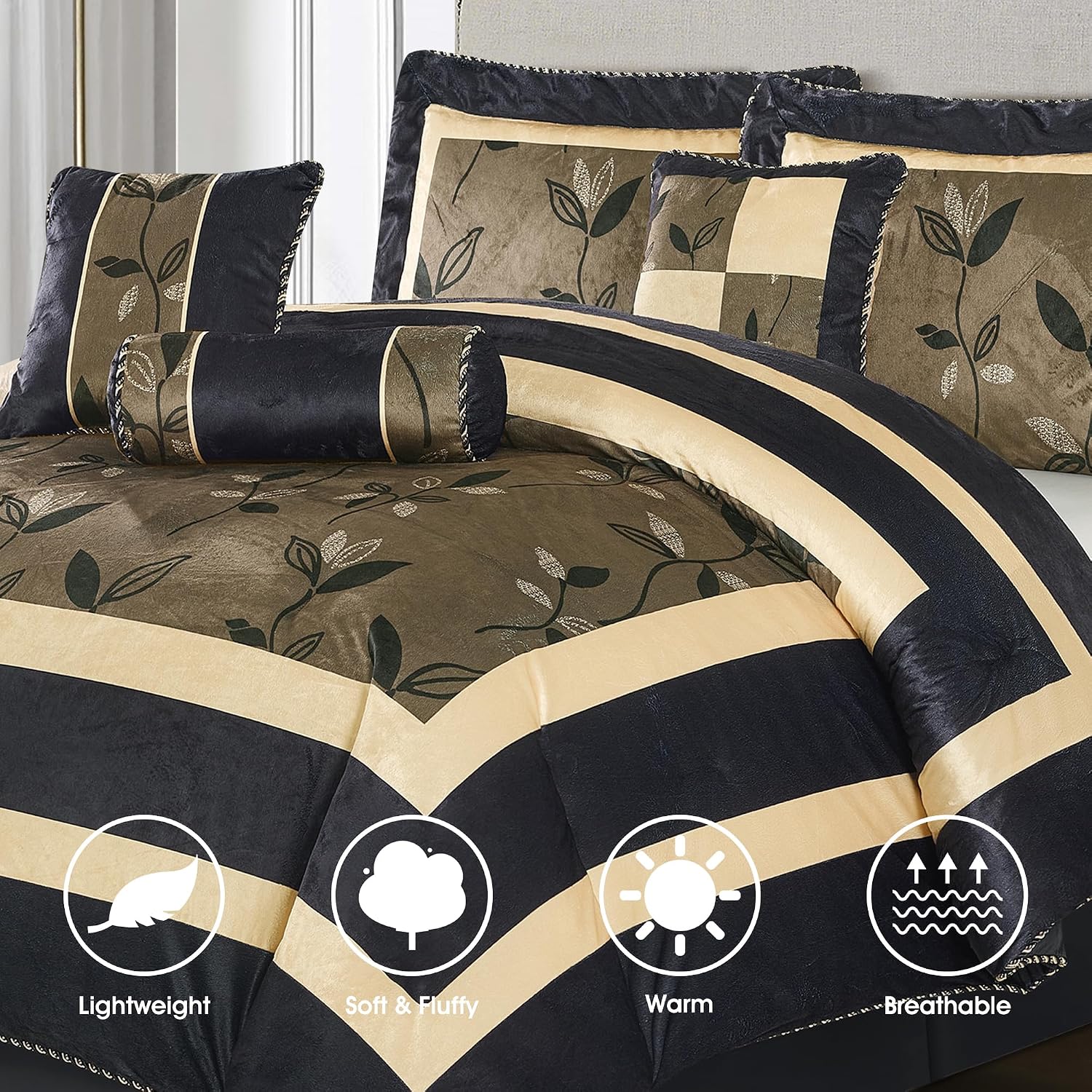 LANCO MODERN LIFESTYLE Black and Gold Comforter Set, Full, Short Plush Print with Leaves Pattern, Ultra Soft, 7 Piece Bedding Set, Bed in a Bag, Bedskirt, Shams and Decorative Pillows