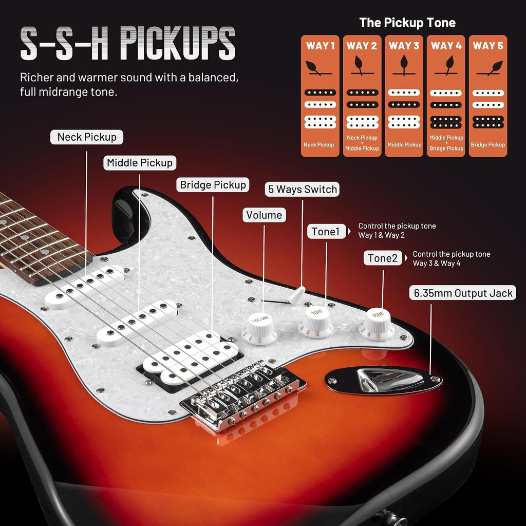 CAHAYA Electric Guitar Kit 39in - Full Size Electric Guitar Kit for Beginner Starter Poplar Solid Body with 10W Amplifier, Gig Bag, Strap, Tuner, Cable, String, Picks
