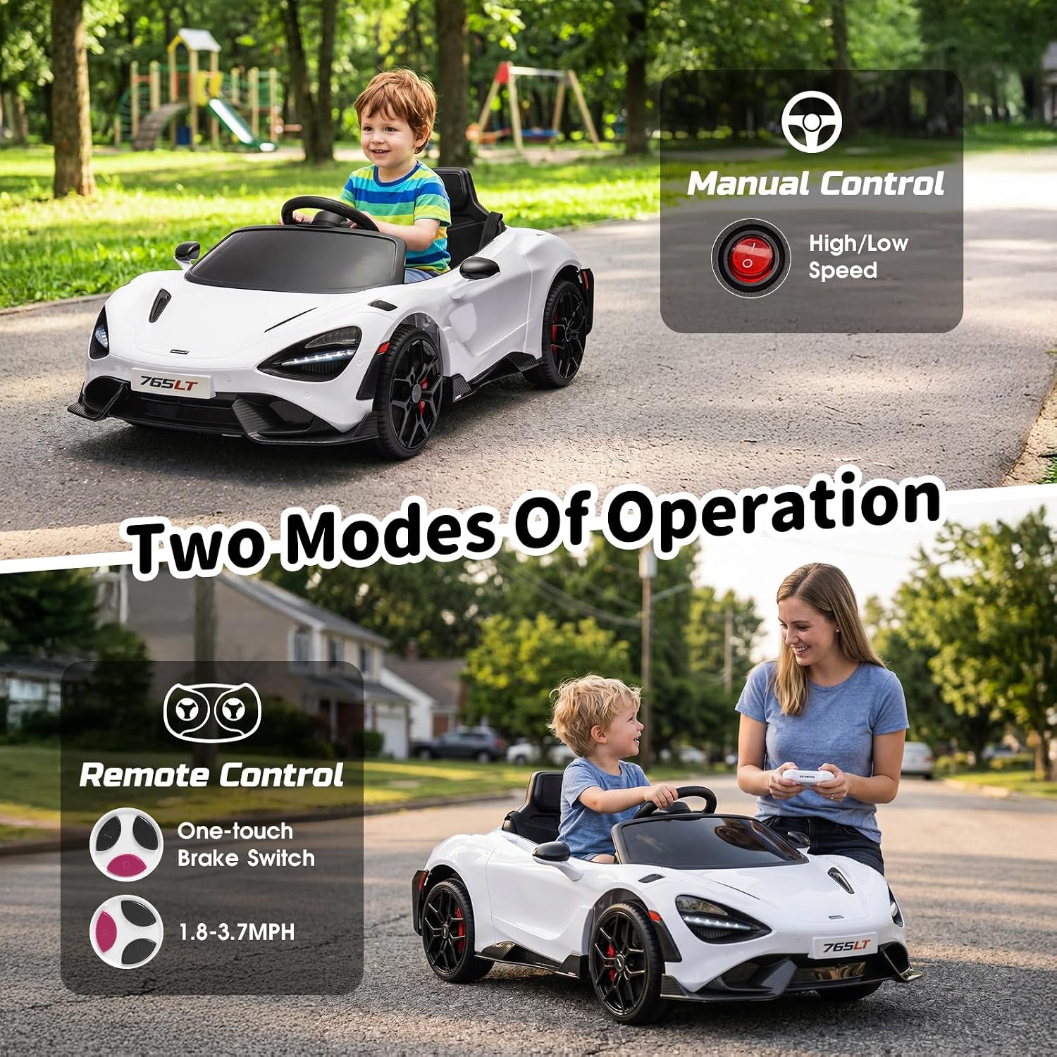 Kids Ride-on Car Licensed McLaren765LT for 3-6Years Old, Electric car 12V Battery Powered Electric Vehicle, w/Parent Remote, Music Player, LED Lights, Smooth Start, 3 Speeds, (White)