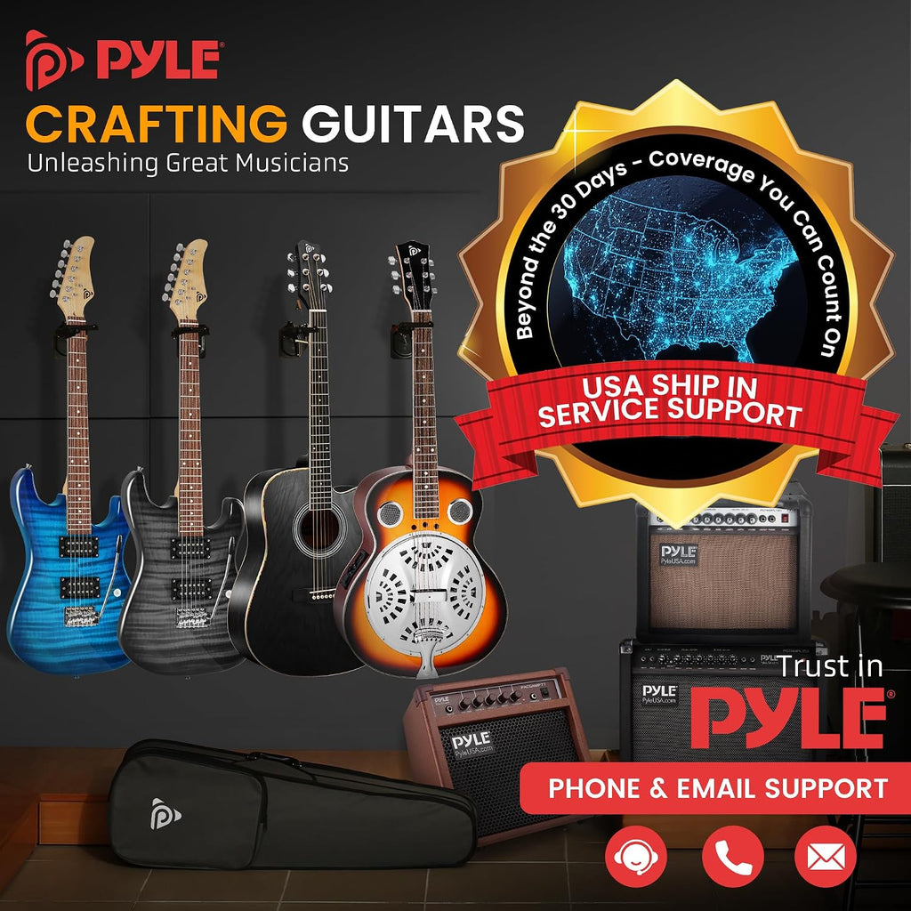 Pyle Resophonic Resonator Acoustic Electric Guitar-6 String Round Neck Sunburst Mahogany Traditional Resonator w/Built-in Pre Amplifier,Case Bag,Strap,Steel Strings,Tuner,Picks