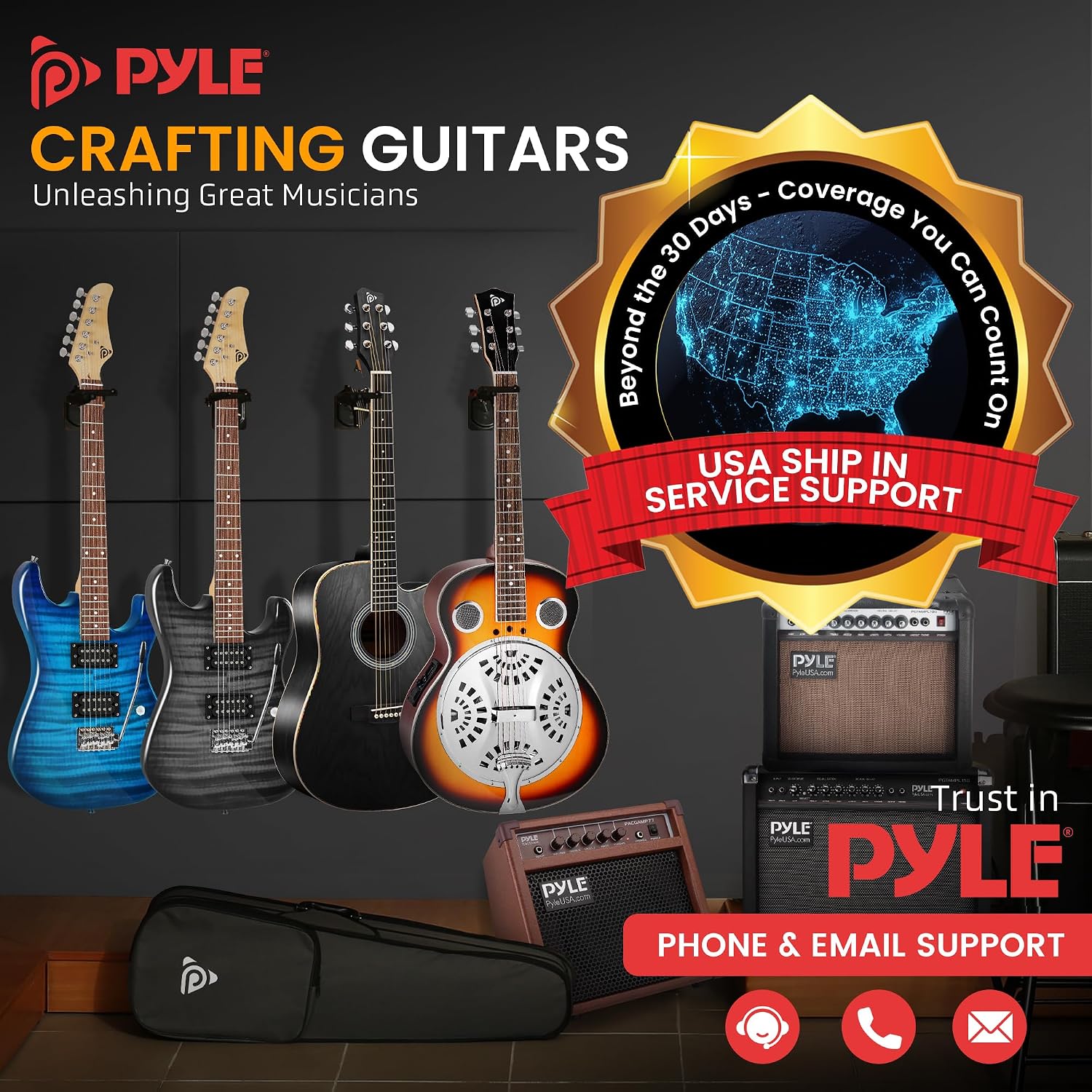 Pyle Resophonic Resonator Acoustic Electric Guitar-6 String Round Neck Sunburst Mahogany Traditional Resonator w/Built-in Pre Amplifier,Case Bag,Strap,Steel Strings,Tuner,Picks