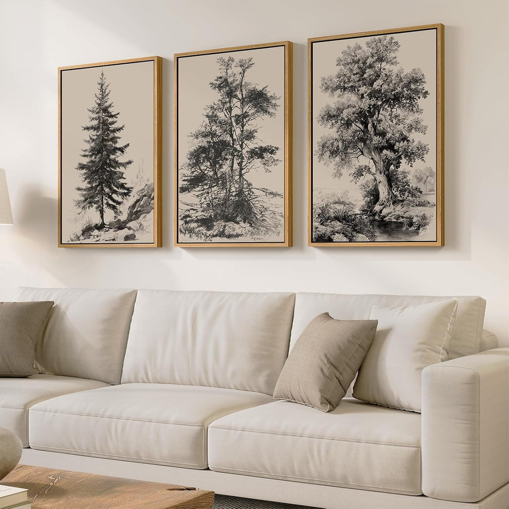 Large Framed Vintage Wall Art for Living Room, 3 Piece Tree Forest Artwork for Walls, Classic Rustic Sketch Canvas Paintings Prints for Office Hallway Wall Decor, 24x36 Inch