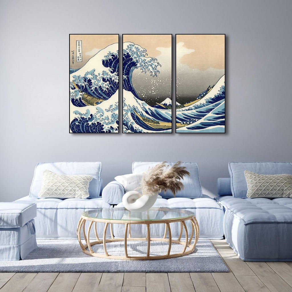 Wieco Art Large Black Aluminum Framed Art 3 Panel Great Wave of Kanagawa Katsushika Hokusai Canvas Prints Wall Art Abstract Seascape Paintings for Living Room Home Decorations