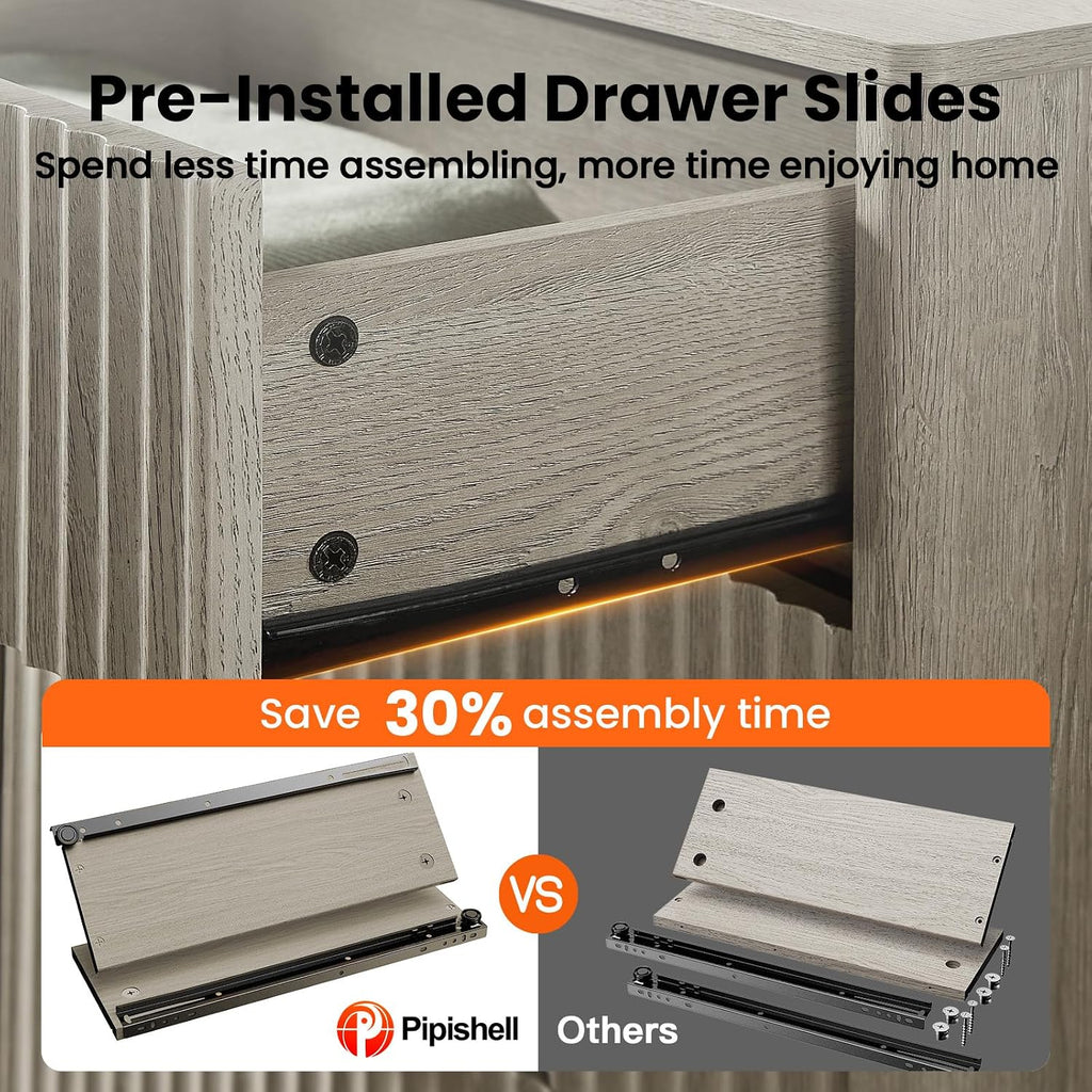 Pipishell Fluted 7 Drawers Dresser for Bedroom, 47' Wooden Drawers with Metal Handle, Dressers with Round Corner Design, Closet Storage Organizer for Bedroom, Hallway, Grey