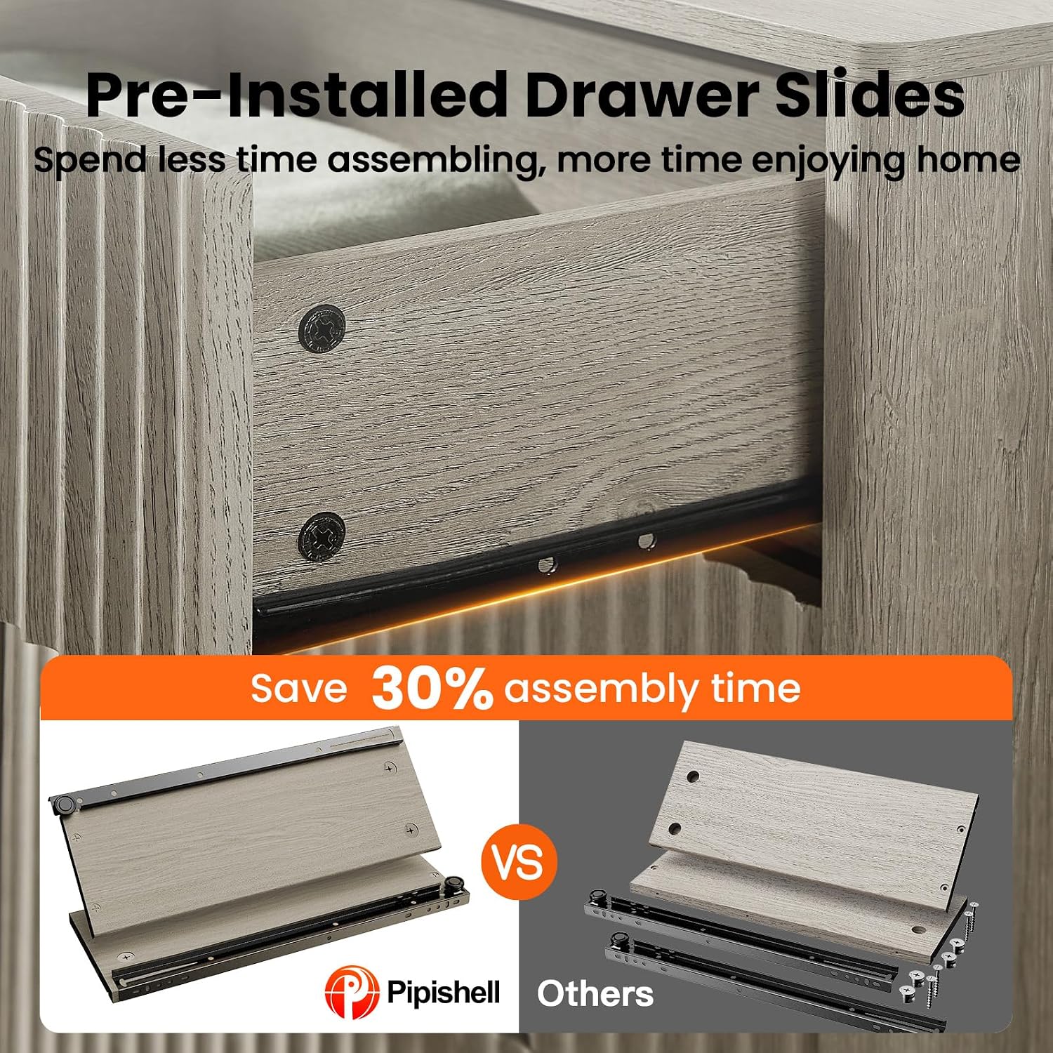 Pipishell Fluted 7 Drawers Dresser for Bedroom, 47' Wooden Drawers with Metal Handle, Dressers with Round Corner Design, Closet Storage Organizer for Bedroom, Hallway, Grey