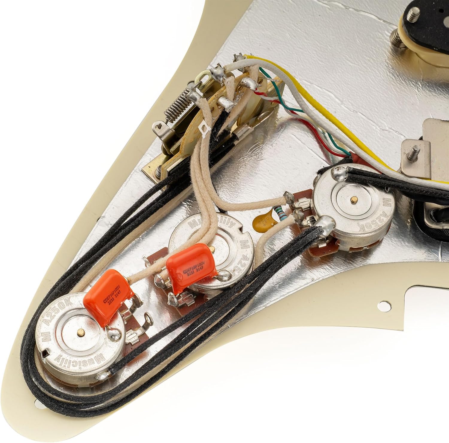 Musiclily Pro Auto-Split HSS Loaded Pickguard ST Prewired Pickguard with Artec Alnico 5 Single Coil Humbucker Pickups for American/Mexico Import Squier Strat Electric Guitar, 4ply Aged White Pearl
