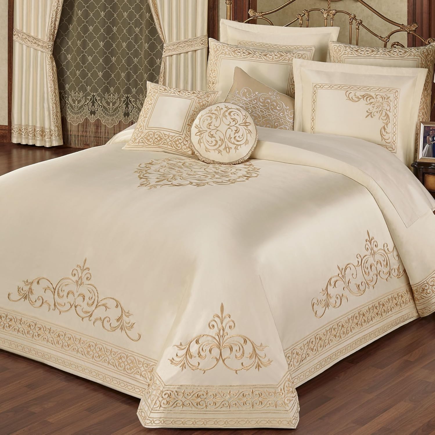 Touch of Class Versailles Luxury Bedding | Classic Neutral Pearl | Palace-Inspired French Style Golden Scrollwork Embroidery on Sateen | Designed 3 Piece Set: King Bedspread & 2 King Shams