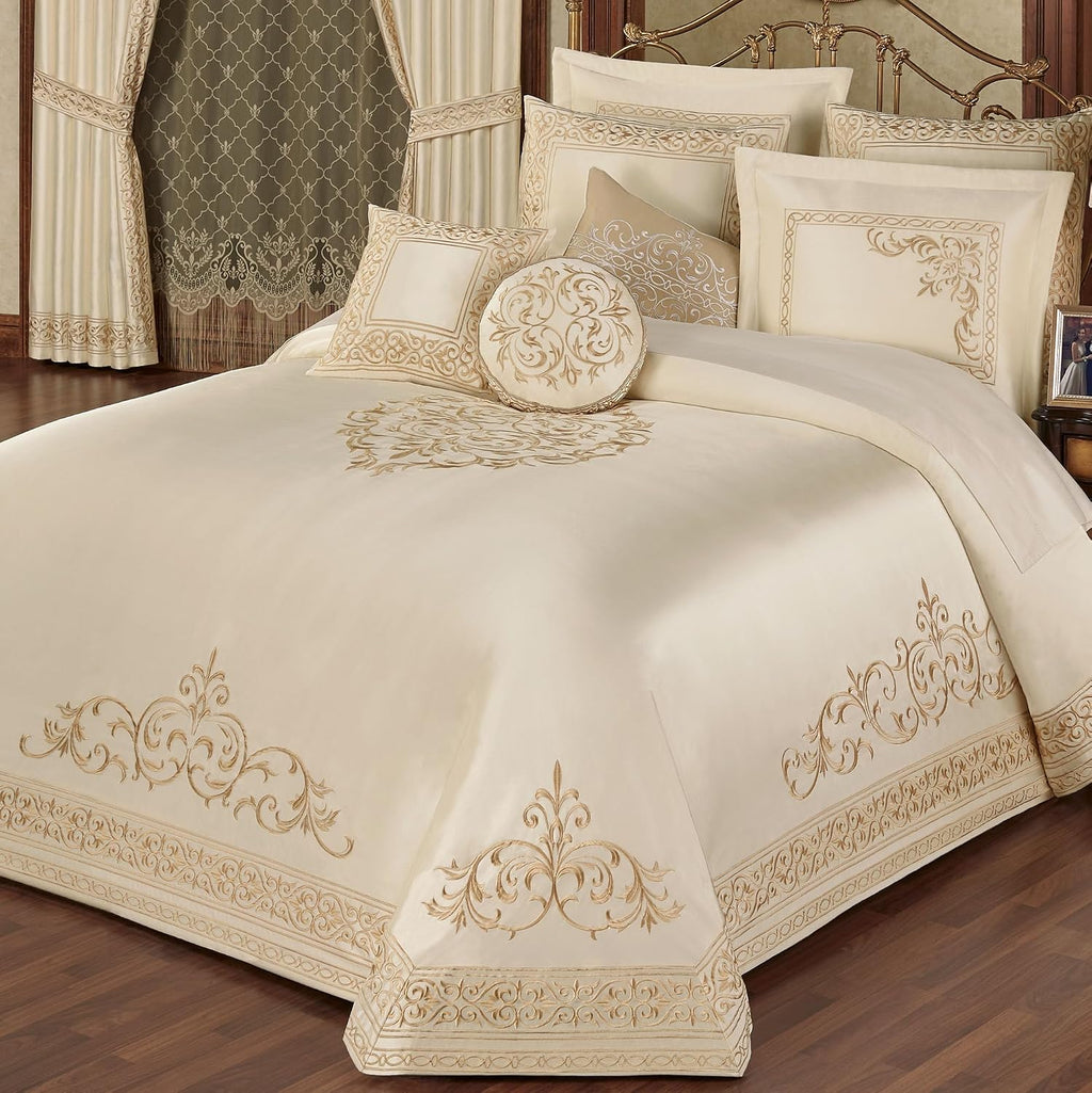 Versailles Luxury Bedding | Classic Pearl | Palace-Inspired French Style Golden Scrollwork Embroidery | 10 Pc Set: Queen Bedspread, 2 Std Shams, 2 Euro Shams, 2 Euro Pillow Inserts & 3 Pillows