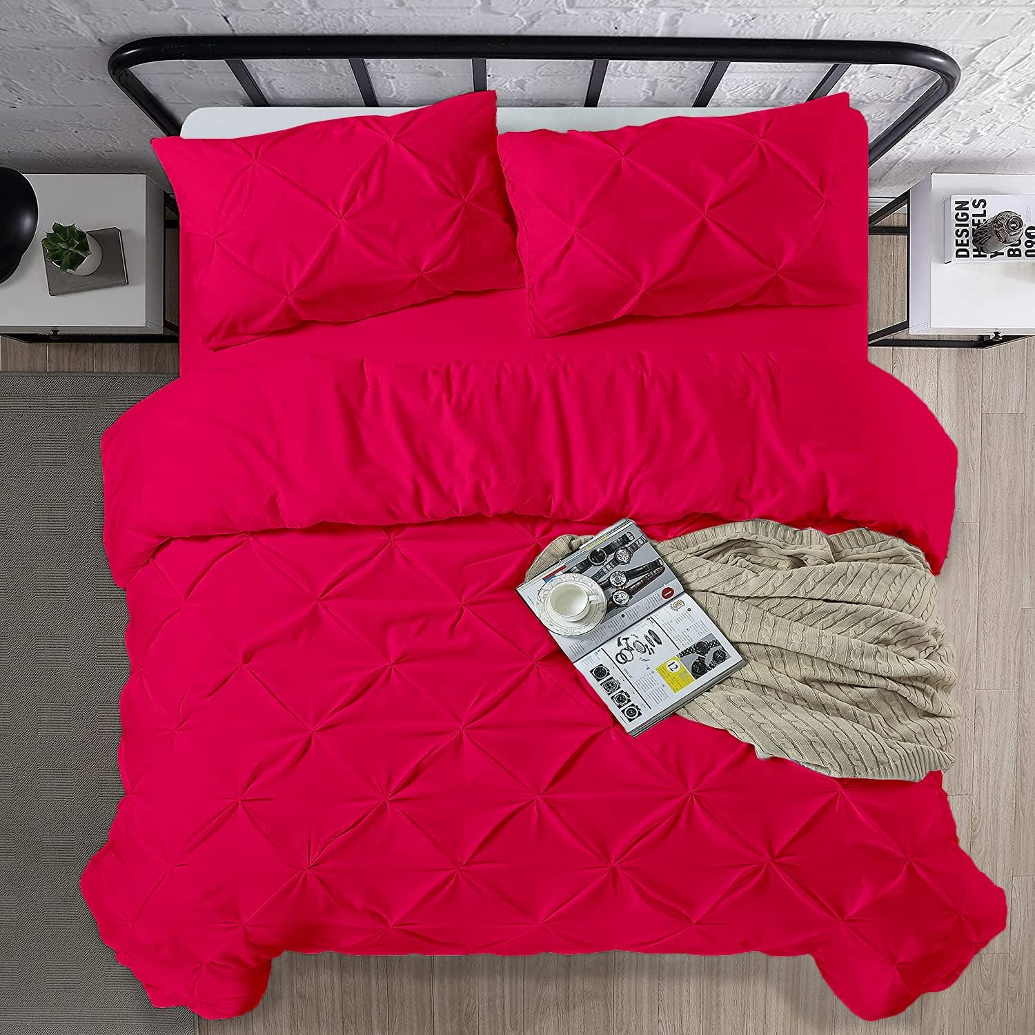 Crown Collection Luxuriate Hotel 1000-TC Hypoallergenic Ultra Soft Design 100% Egyptian Cotton Pinch Plated Duvet Cover with Zipper Colser & 2pcs Pillow Case Set (Oversize 98x120, Hot Pink)