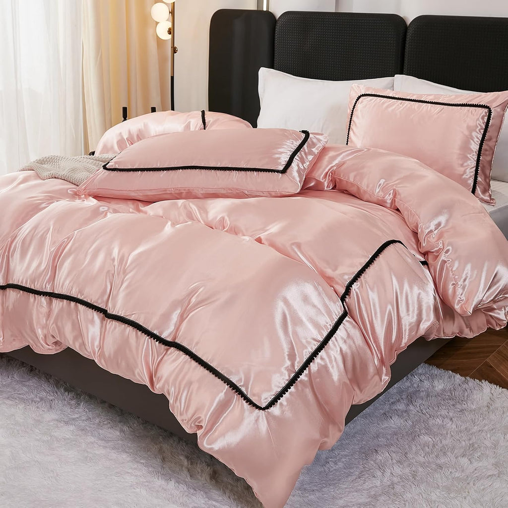 Herside Pink Satin Comforter Set 7 Pieces King Size Bed in a Bag Luxurious Satin Bedding Set with Comforter Pillowcases and Sheets Sets Mini Pompoms Design Super Soft Silky Bed Set for All Seasons