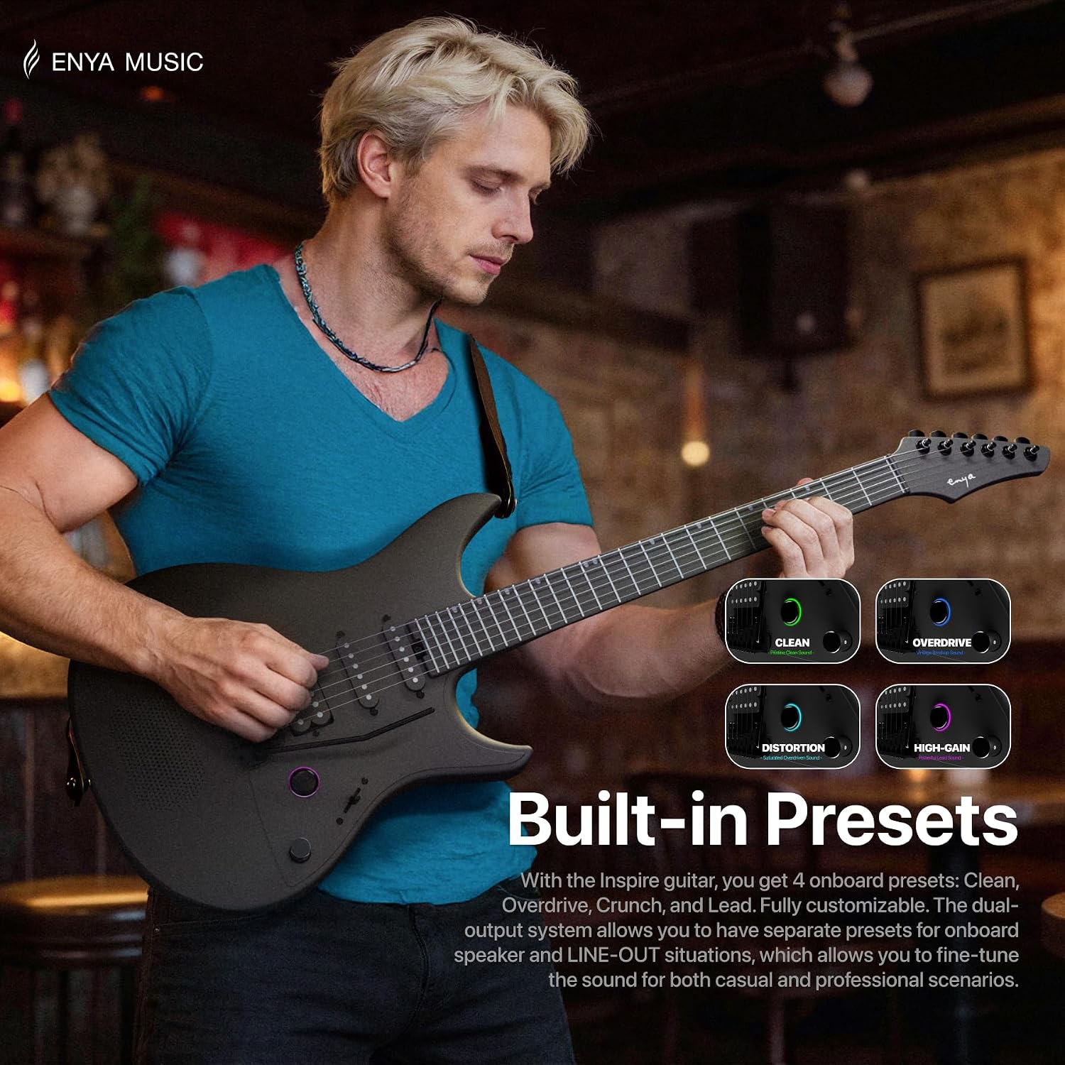 Enya Inspire 39' Smart Electric Guitar - Carbon Fiber Body with Built-in 15W Speaker, 20 Tones & App Control, 4 Presets, Bluetooth, Gig Bag Included, 2-Year Warranty