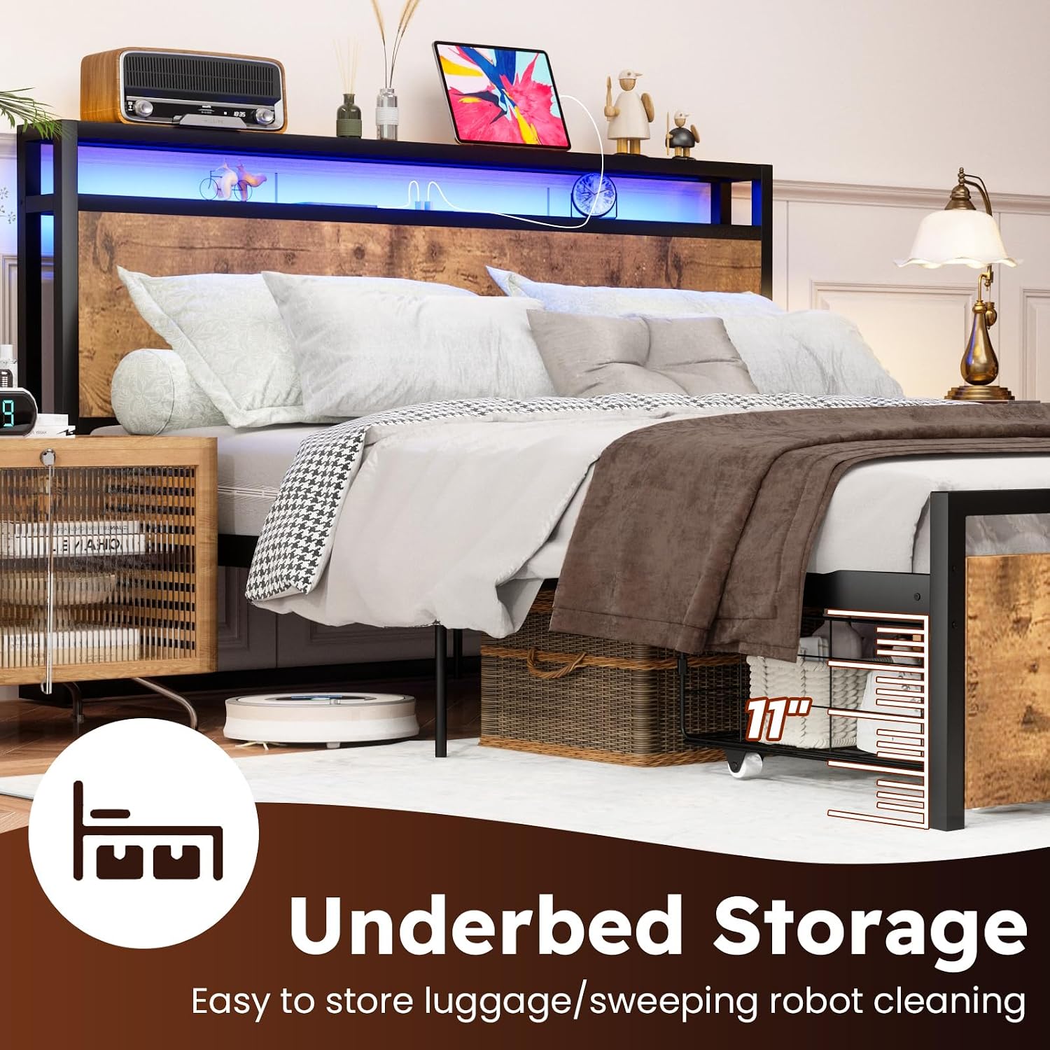Kiivakii Full Size Bed Frame with 2 Drawers, LED Heavy Duty Platform Bed with Headboard Storage, Built in USB Ports, Noise-Free No Box Spring Needed, Rustic Brown