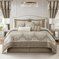 Stratford Park Beige Comforter Set King, 15 Pieces Room in a Bag, Elegant Patchwork Damask Jacquard Bedding Set, Matching Bedskirt, Flat Sheet, Fitted Sheet, Pillow Shams, Curtains