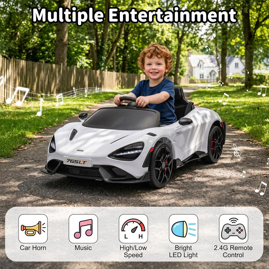 Kids Ride-on Car Licensed McLaren765LT for 3-6Years Old, Electric car 12V Battery Powered Electric Vehicle, w/Parent Remote, Music Player, LED Lights, Smooth Start, 3 Speeds, (White)