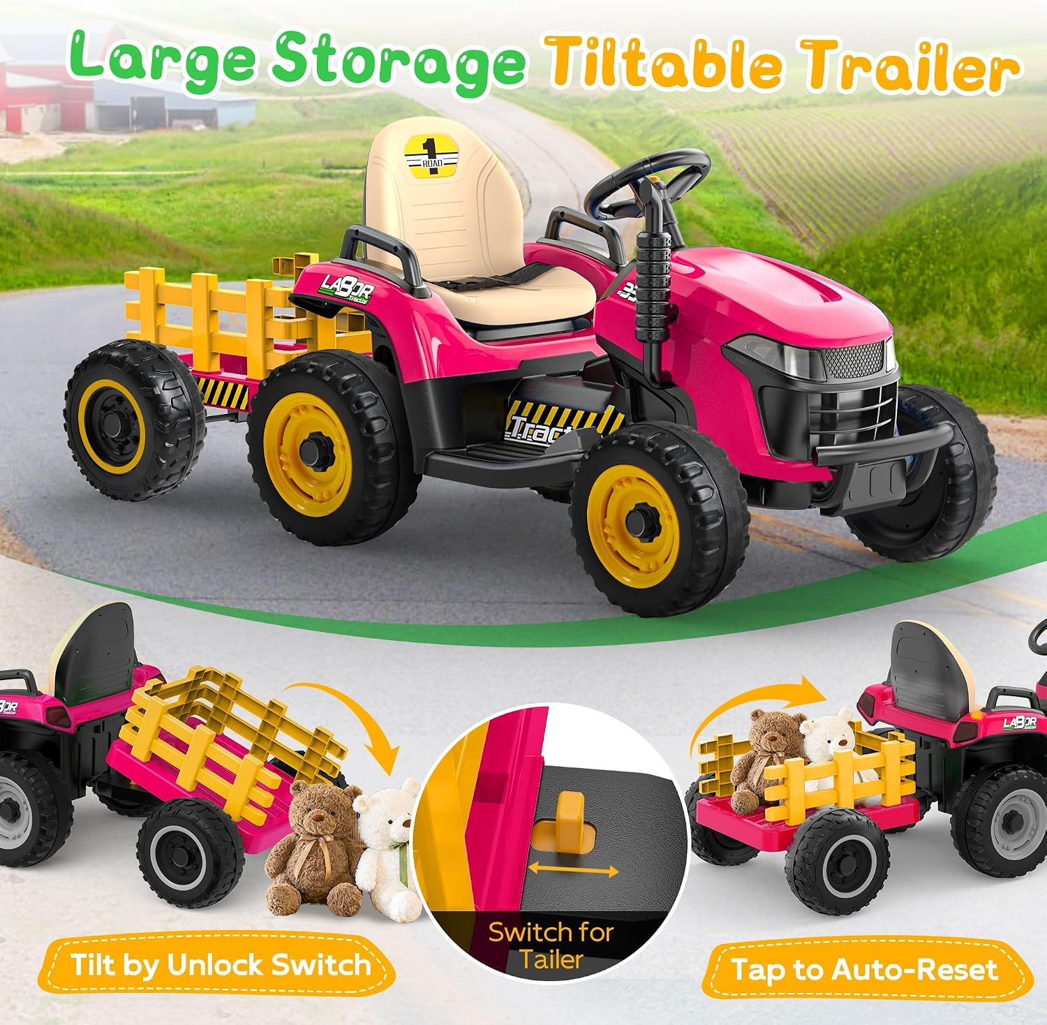ANPABO 24V Ride On Tractor w/Tiltable & Detachable Trailer, EVA Tires, Up to 4.3Mph, Ride On Toys with Parental Remote, Realistic Tractor Sound & Chimney, Music Player, LED Light, Rose Red