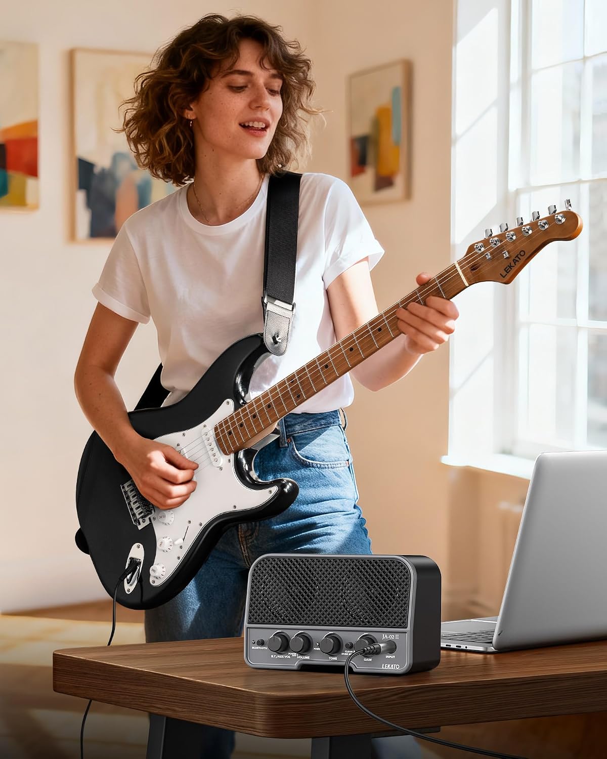 LEKATO Electric Guitar Kit Beginner 39 Inch Full Size Solid Body Guitar HSS for Starter Roasted Maple Neck Fretboard Stainless Steel Frets, 5W Mini Amp, Bag, Tuner, Capo, Strap, String, Picks- Black