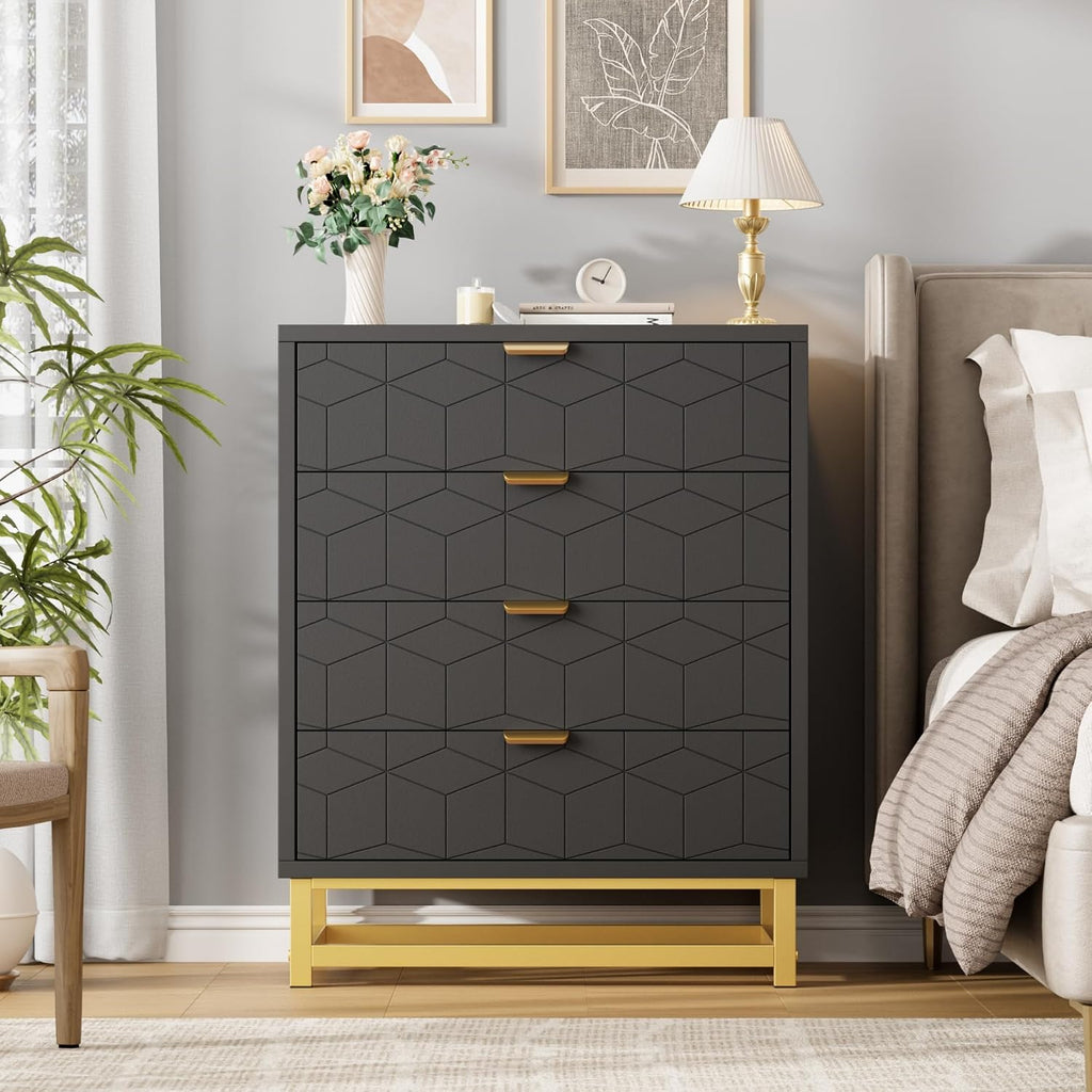 IDEALHOUSE Black Dresser for Bedroom, 4 Drawer Dresser with Metal Legs, Modern Dressers Chest Organizer with Wide Storage, Chest of Drawers for Bedroom, Living Room, Entryway
