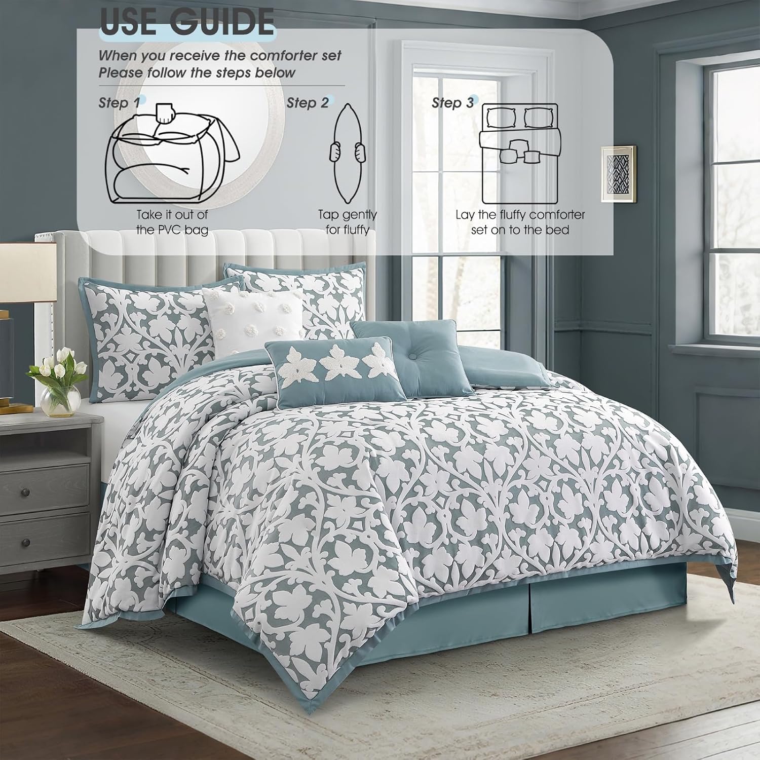 LANCO MODERN LIFESTYLE 7 Pieces Comforter Set, California King, Blue, Jacquard Floral Pattern and Classy Damask Medallion Design, Ultra Soft, Includes Bed Skirt, Shams and Decorative Pillows