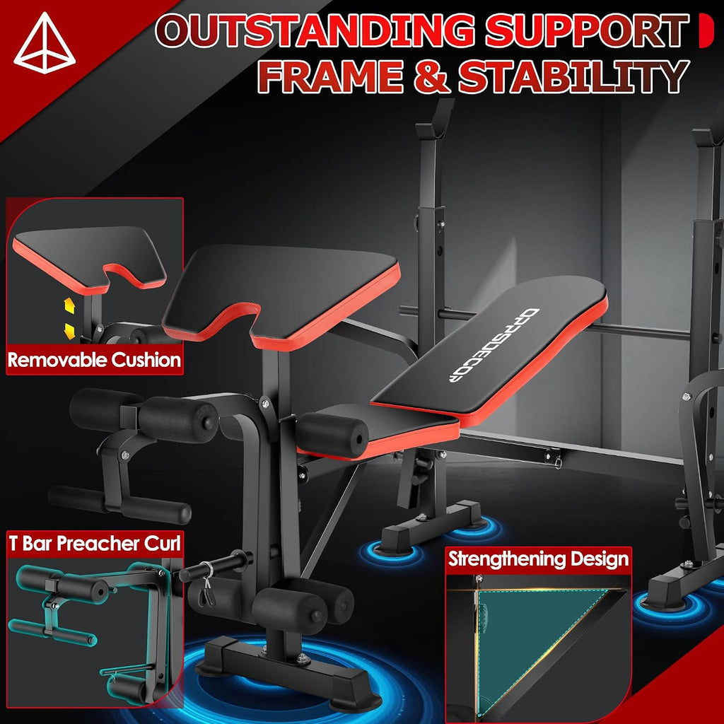 OPPSDECOR 900LBS All in One Weight Bench Set with Squat Rack Adjustable Workout Bench with Leg Developer Preacher Curl Rack Fitness Strength Training Bench for Home Gym