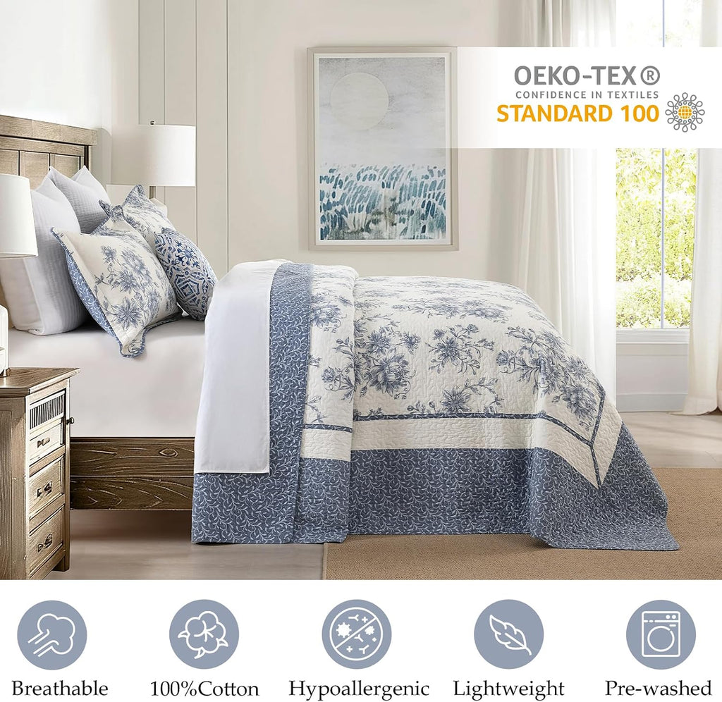 Floral Bedspread 128'x120' California King Bedspread, 100% Cotton XL Oversized King Quilt with 2 Pillowshams, Lightweight Garden Quilted Bedspreads Coverlet Set, Blue/Cream, 3 Pcs