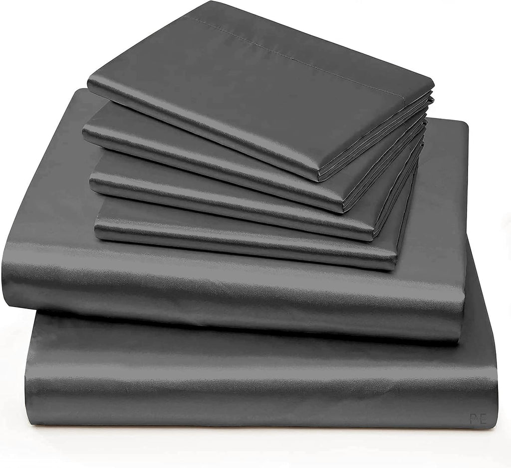 6 Piece Mulberry Silk Sheet Set Queen Size (60x80)+ Upto 16 Inch Deep Pocket Dark Grey Color Smooth Soft and Silk Bed Sheets Queen Size Bedding Set